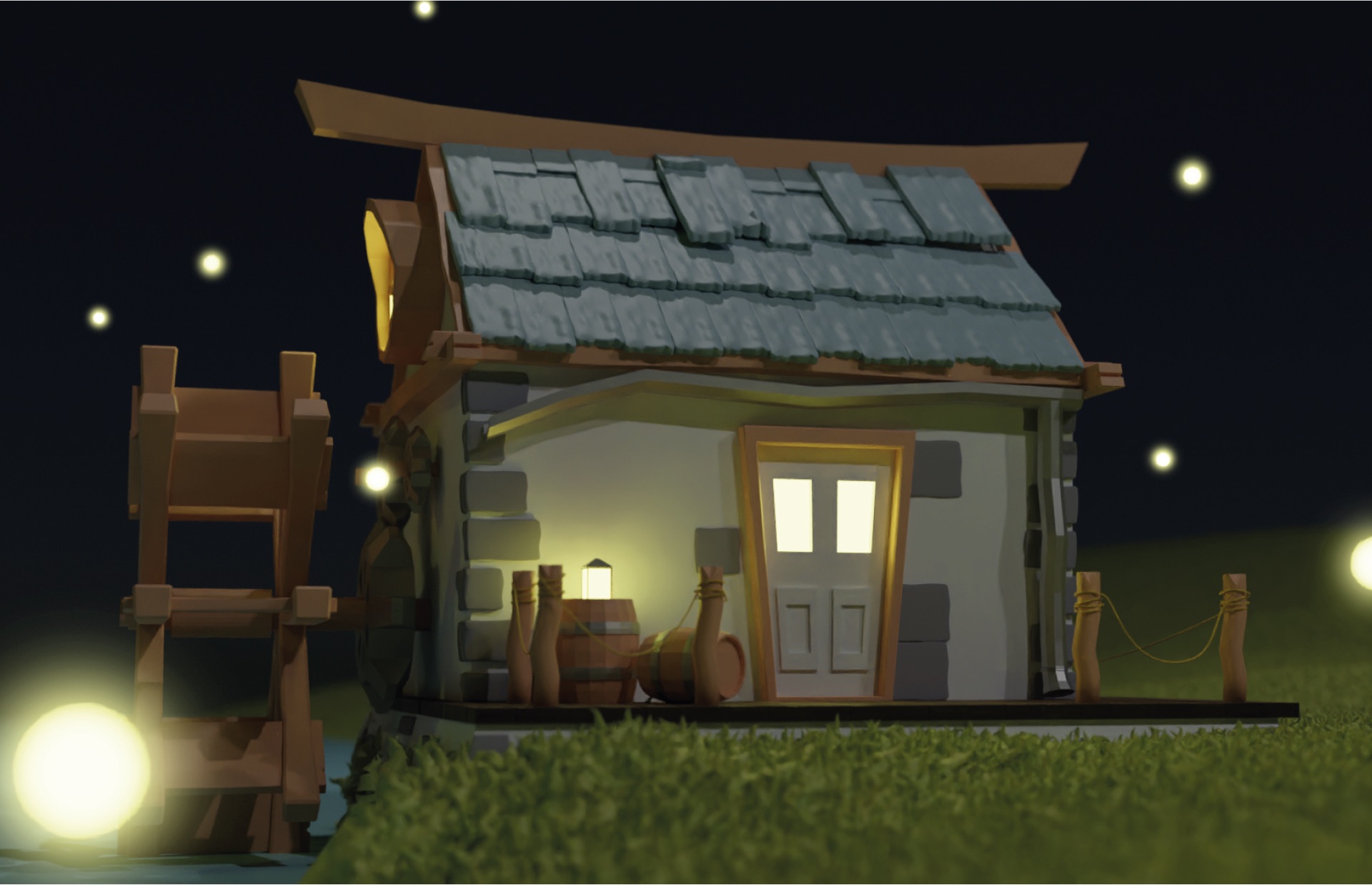 Magic cabin — final rendered night scene with fireflies
