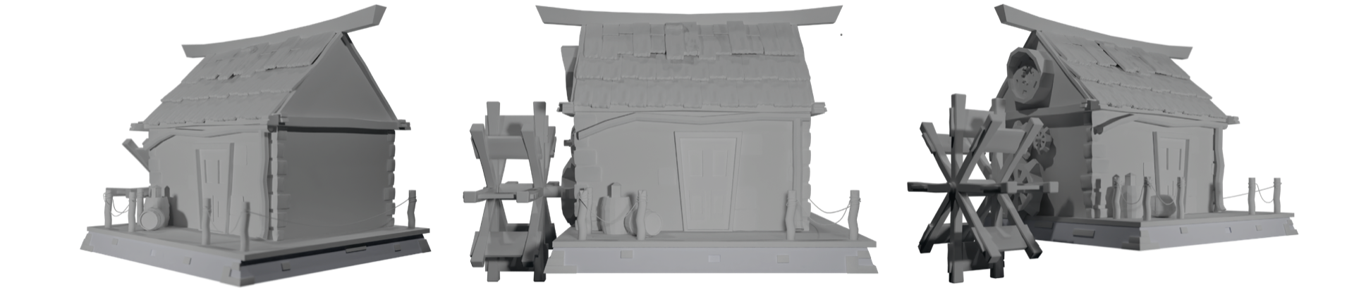Magic cabin — clay modeling, three views
