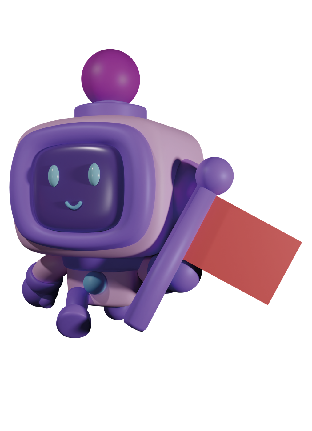 3D robot character holding a red flag