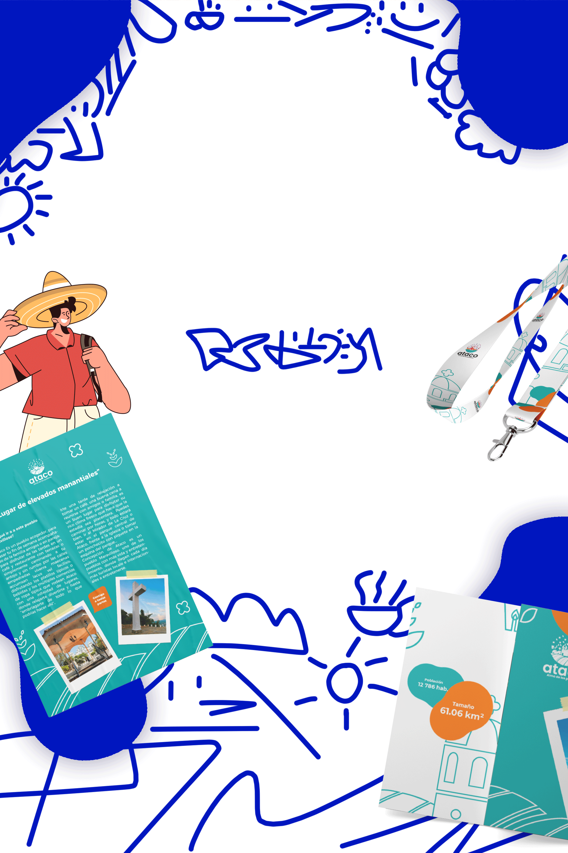 Ataco branding system — illustrations, flyers, lanyard and color palette
