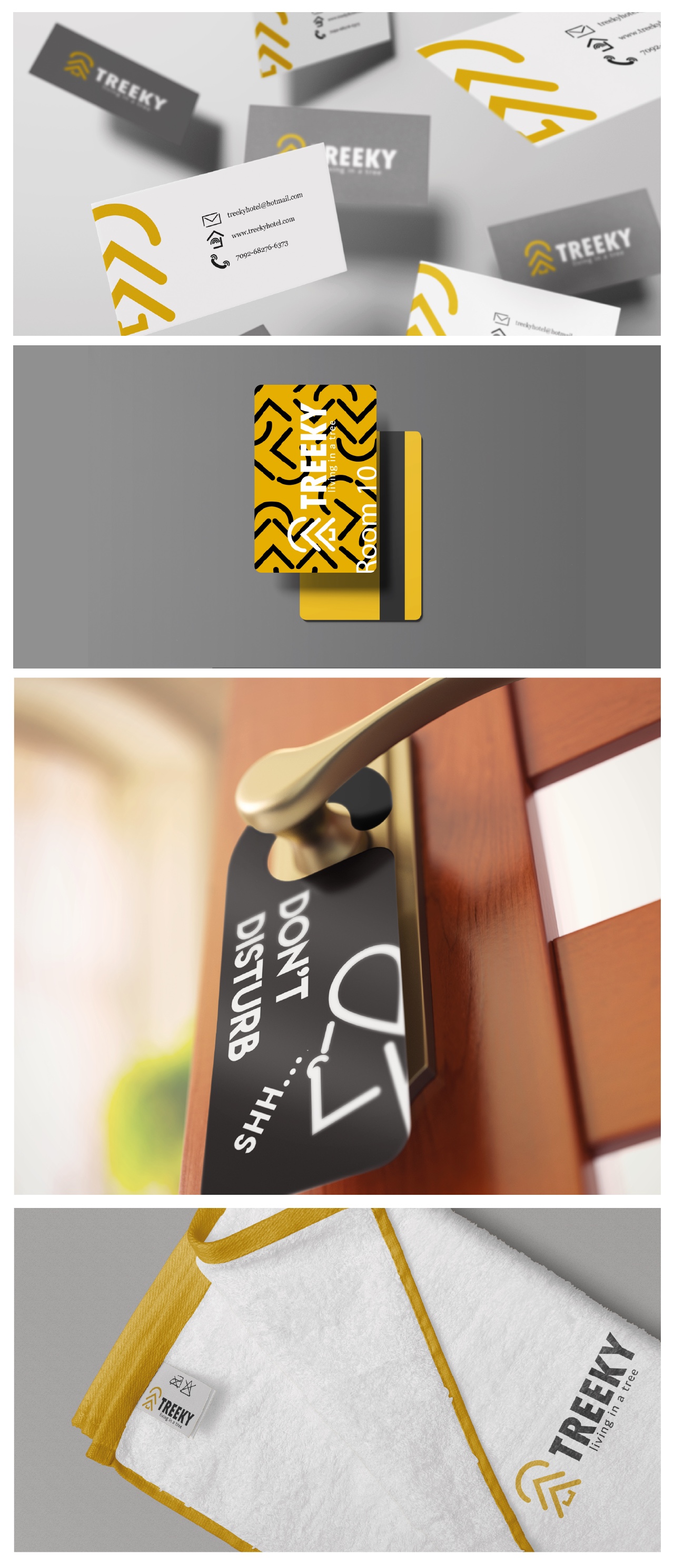 Treeky brand applications — business cards, key card, Don't Disturb door hanger and branded towel