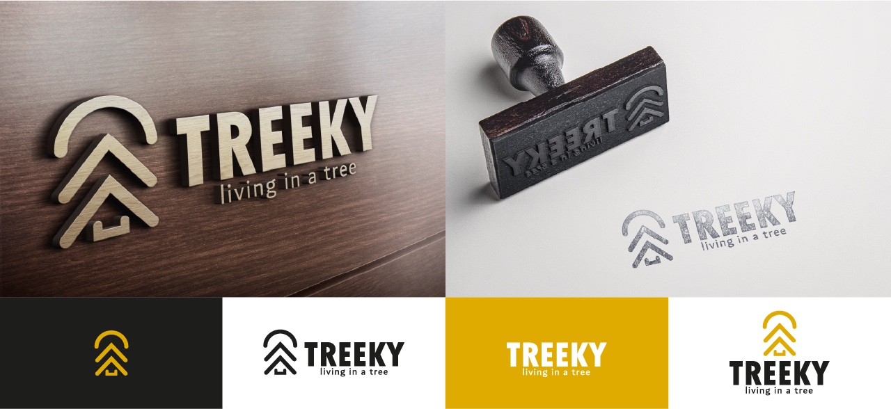 Treeky logo mockups and color palette — wood sign, rubber stamp and dark, white and yellow variants